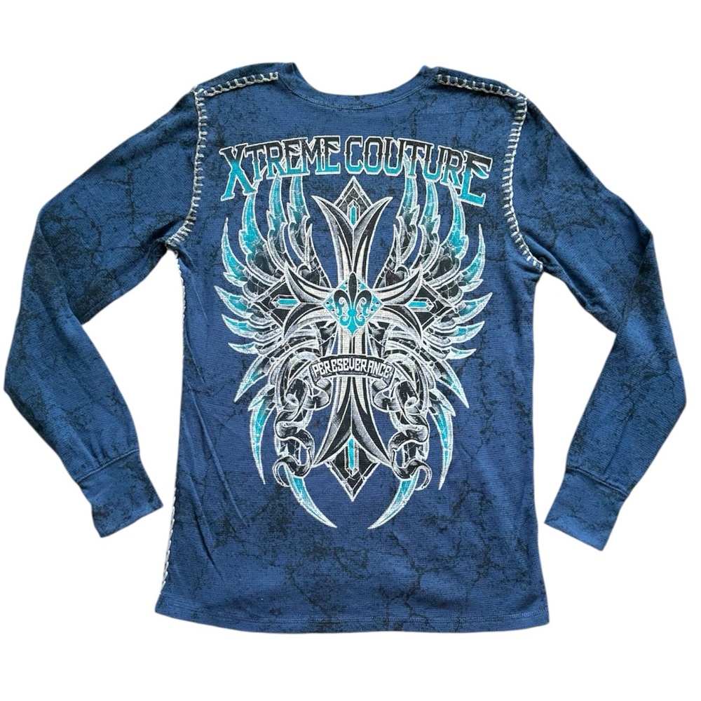 NWT Xtreme Couture Mens Medium Blue Crew Neck Thermal With Cross Angel Wings